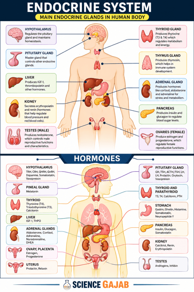 Human endocrine system diagram showing glands and hormones including pituitary, thyroid, adrenal, pancreas, ovaries and testes with labeled functions