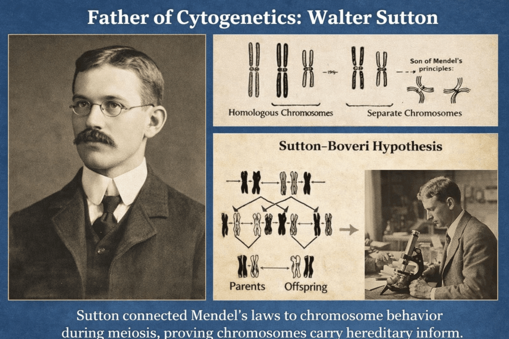 Walter Sutton portrait with chromosome theory diagrams explaining meiosis and Sutton-Boveri hypothesis – Father of Cytogenetics