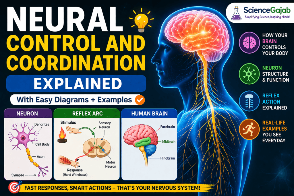 “Neural control and coordination explained with human brain nervous system neuron structure and reflex arc diagram in simple biology infographic”
