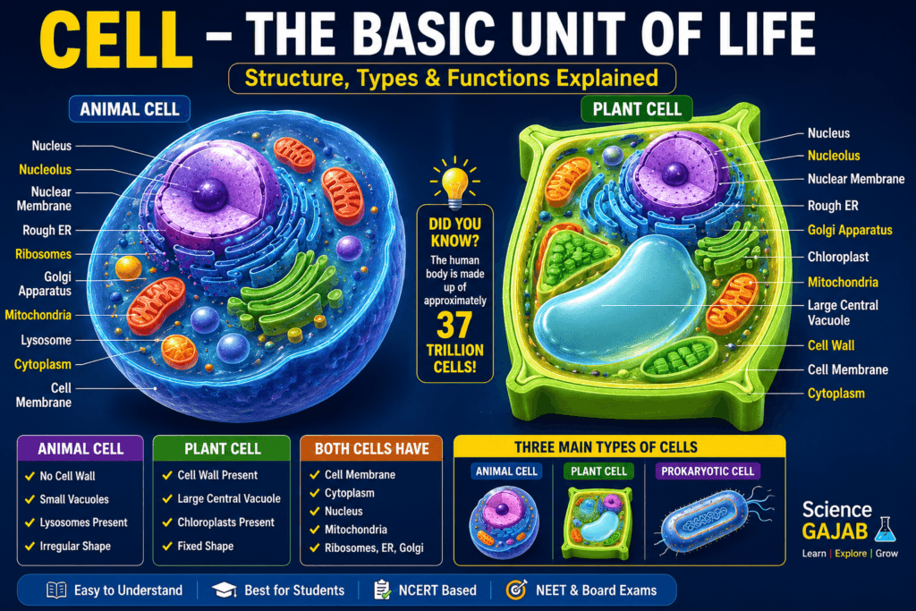 Detailed 3D infographic of the cell, the basic unit of life, comparing animal cell and plant cell structures with labeled organelles including nucleus, mitochondria, chloroplast, Golgi apparatus, ribosomes, cytoplasm, and cell membrane for NCERT and NEET biology students.