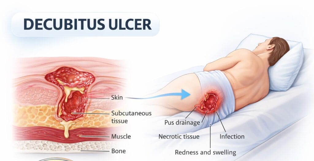 Medical illustration of a stage 4 decubitus ulcer (pressure sore) showing deep tissue damage extending to muscle and bone, with a patient lying on their side and labeled layers of skin, subcutaneous tissue, and infection.