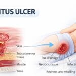 Medical illustration of a stage 4 decubitus ulcer (pressure sore) showing deep tissue damage extending to muscle and bone, with a patient lying on their side and labeled layers of skin, subcutaneous tissue, and infection.