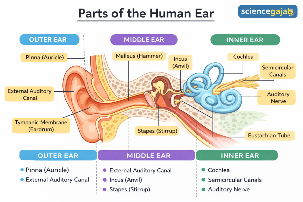 Labeled diagram of the human ear showing outer ear, middle ear, and inner ear with parts including pinna, ear canal, eardrum, ossicles (malleus, incus, stapes), cochlea, semicircular canals, auditory nerve, and Eustachian tube (Sciencegajab watermark).