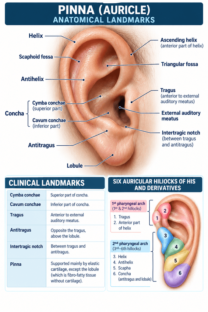 Anatomical landmarks of the pinna (auricle) showing the helix, antihelix, scaphoid fossa, triangular fossa, cymba conchae, cavum conchae, tragus, antitragus, intertragic notch, and lobule, with a clinical reference table and diagram of the six auricular hillocks of His and their derivatives.