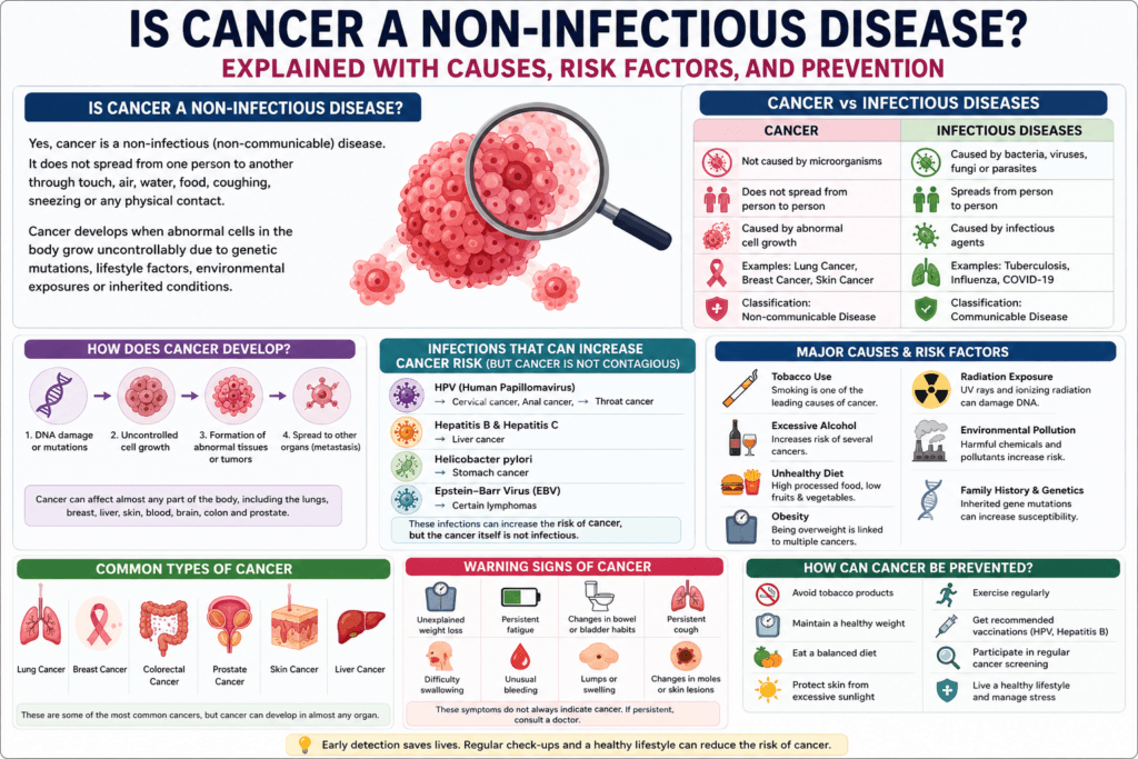 Is cancer a non-infectious disease explained with causes, risk factors, and prevention infographic.