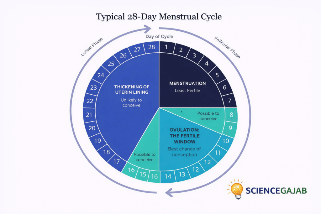28-day menstrual cycle circular diagram showing menstruation, ovulation fertile window, and uterine lining changes