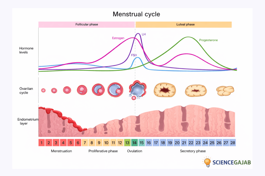 Menstrual cycle diagram showing hormone levels (estrogen, progesterone, LH, FSH), ovarian cycle stages, and endometrial changes over 28 days with ScienceGajab watermark