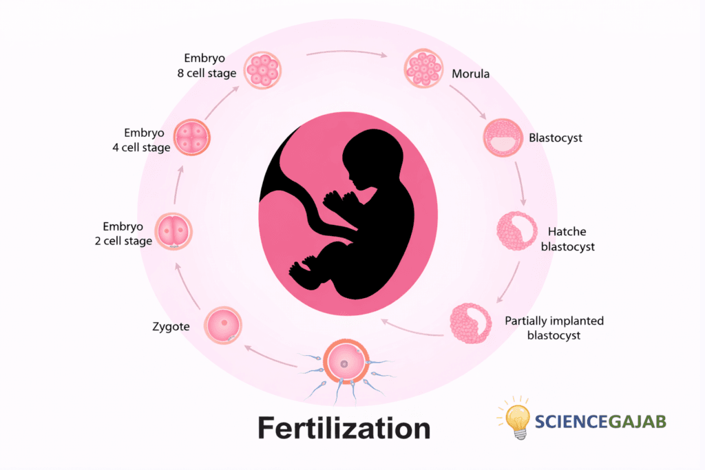 Fertilization process diagram showing zygote formation and embryo development stages (2 cell, 4 cell, morula, blastocyst)