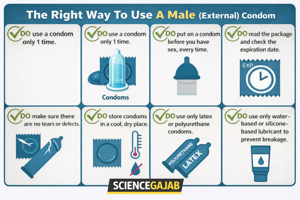 Infographic titled “The Right Way To Use A Male (External) Condom” showing six key tips in separate boxes with green checkmarks, including using a condom once, putting it on before sex, checking the expiry date, ensuring no tears, storing in a cool dry place, using latex or polyurethane condoms, and using water- or silicone-based lubricant; includes simple illustrations 
