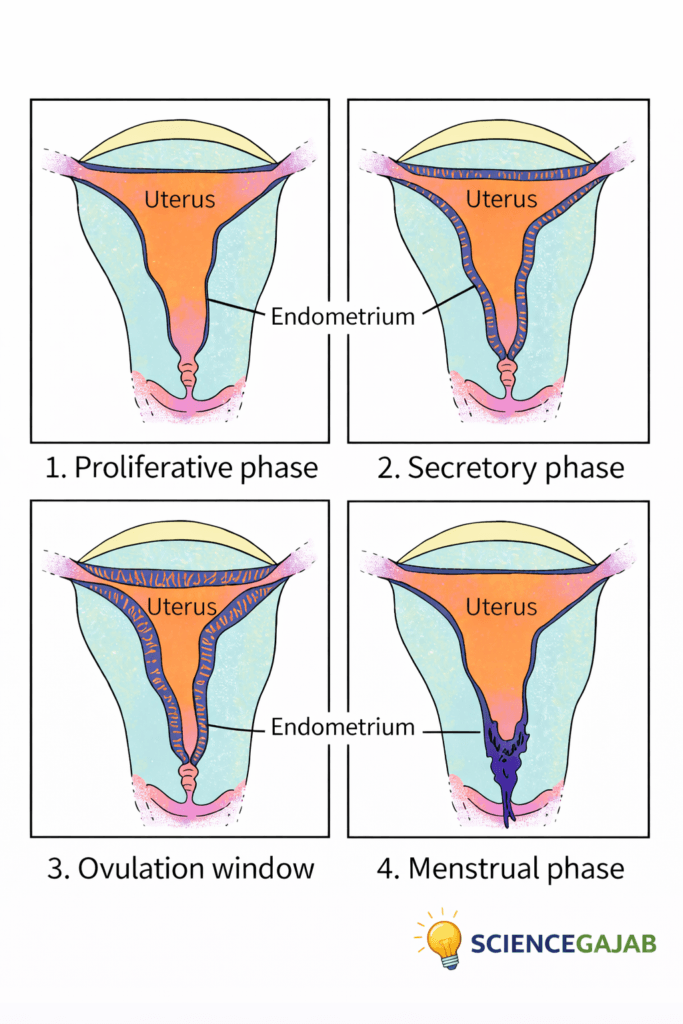 Menstrual cycle phases diagram showing uterus and endometrium changes during proliferative, secretory, ovulation, and menstrual phases