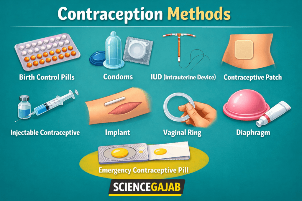 Infographic titled “Contraception Methods” on a teal background showing illustrated birth control options: pills, condoms, IUD, contraceptive patch, injectable contraceptive, implant (under skin), vaginal ring, diaphragm, and emergency contraceptive pill,