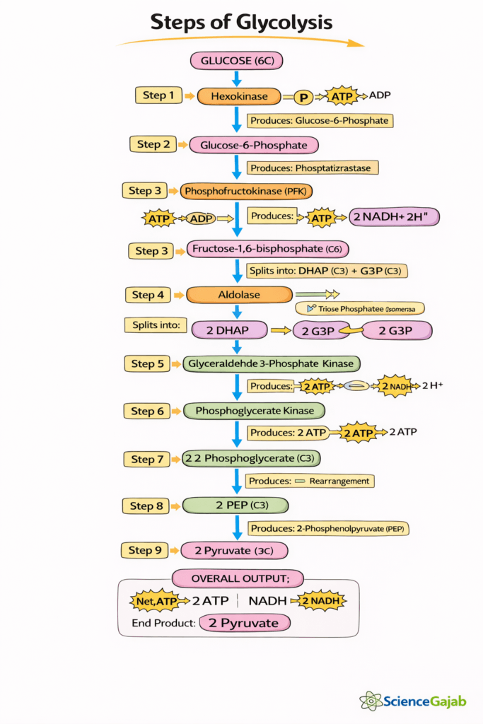 Simple flowchart explaining how glucose turns into energy through glycolysis in 10 steps