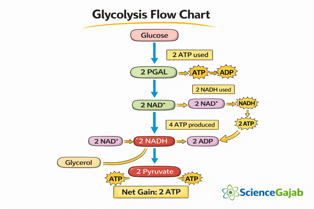 Step by step diagram showing how food and oxygen are converted into ATP energy inside human cells