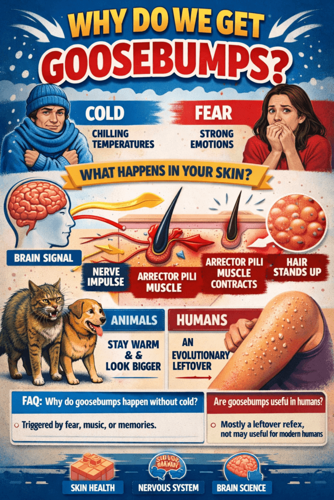 Why do we get goosebumps diagram showing cold, fear response, arrector pili muscle and hair standing up in humans