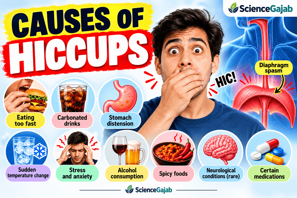 Causes of hiccups showing diaphragm spasms, eating too fast, carbonated drinks, stress, and spicy foods