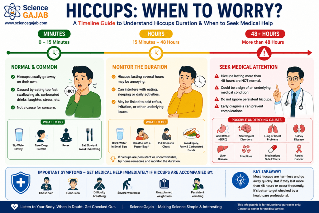 Timeline infographic showing when hiccups are normal and when to seek medical attention, comparing hiccups lasting minutes, several hours, and more than 48 hours, with symptoms, possible underlying causes, warning signs, and recommended actions