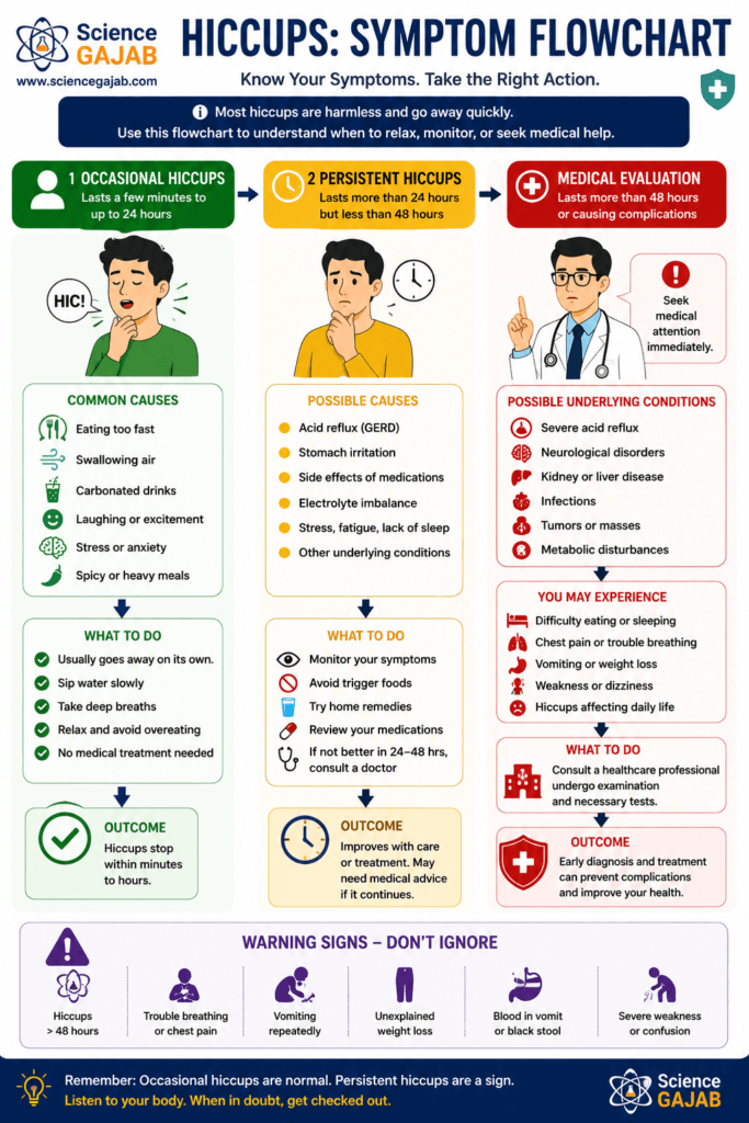 Symptom flowchart infographic showing occasional hiccups, persistent hiccups, and when medical evaluation is needed, including common causes, warning signs, possible underlying conditions, treatment steps, and outcomes