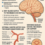 Infographic showing the blood supply of the brain, including the internal carotid artery, middle cerebral artery, anterior cerebral artery, vertebrobasilar system, and Circle of Willis, with labelled diagrams of major arteries and their branches.