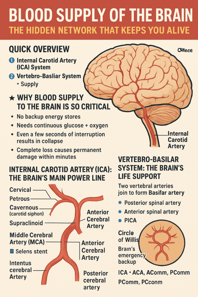 “Diagram of brain blood supply showing internal carotid artery, vertebral-basilar system, MCA, ACA, PCA, and Circle of Willis with clear arterial labels.”