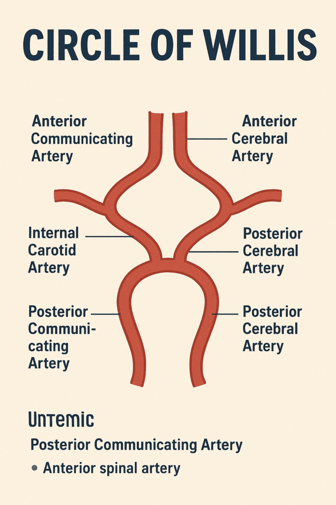 Detailed diagram of the Circle of Willis showing anterior cerebral artery, anterior communicating artery, internal carotid artery, posterior communicating artery, posterior cerebral artery, and basilar artery forming the arterial ring at the base of the brain.