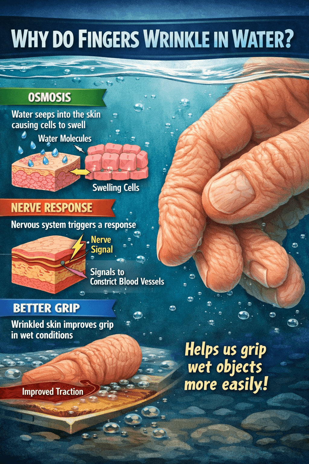 Why fingers wrinkle after staying in water and how vasoconstriction works**
