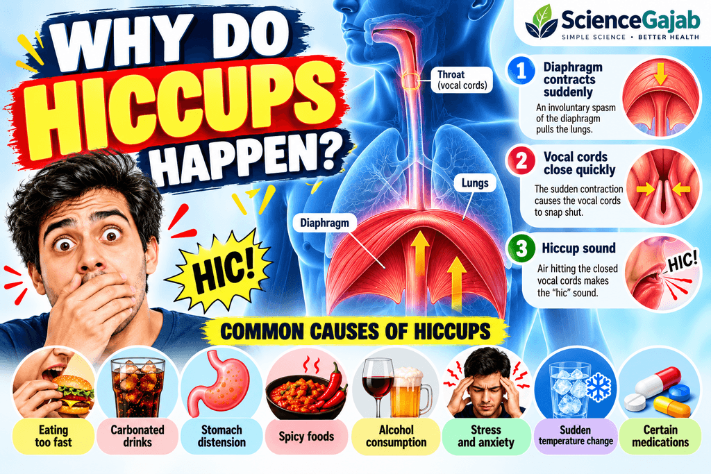 Why do hiccups happen infographic showing diaphragm spasms, sudden vocal cord closure, the hiccup reflex, and common triggers such as eating too fast, carbonated drinks, spicy foods, and stress,