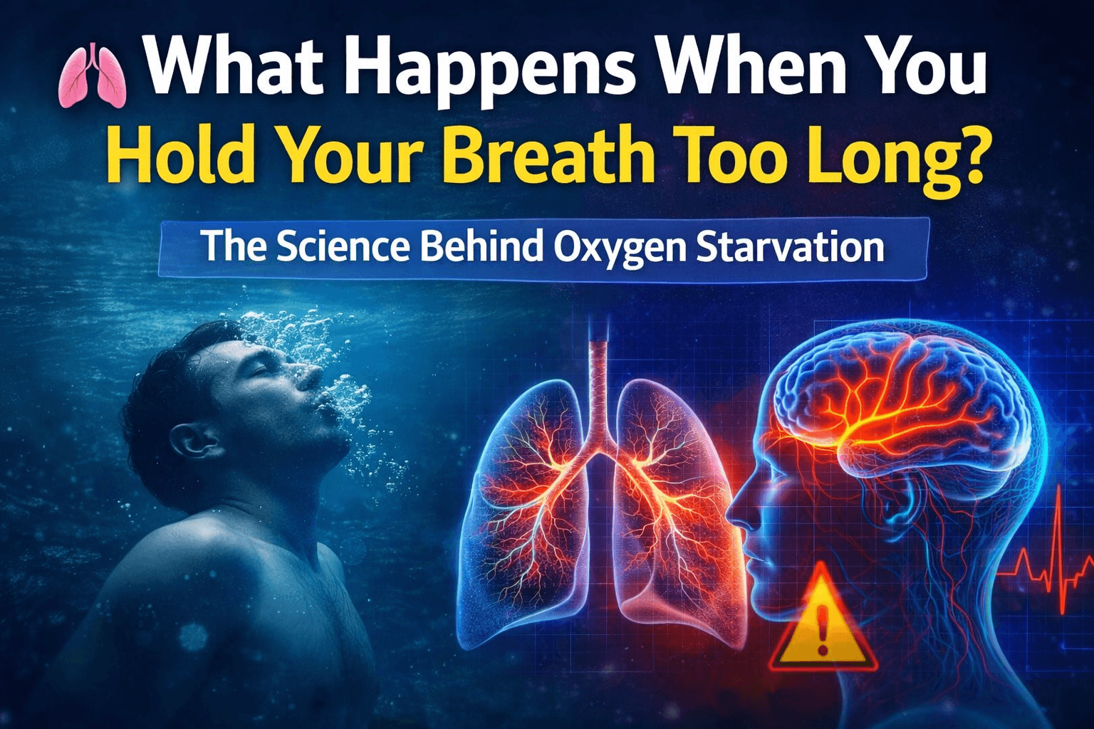 Man holding breath underwater showing lungs and brain oxygen deprivation illustration