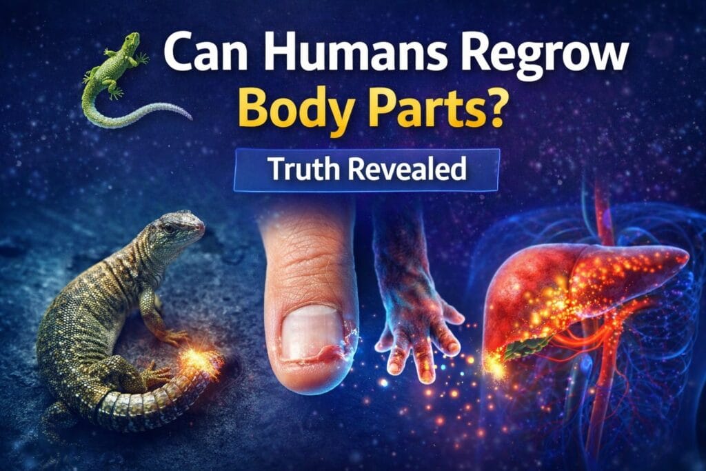 Can humans regrow body parts illustration showing lizard tail, healing finger, and liver regeneration