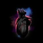 Illuminated human heart of glowing particles and smoke. 3D illustration