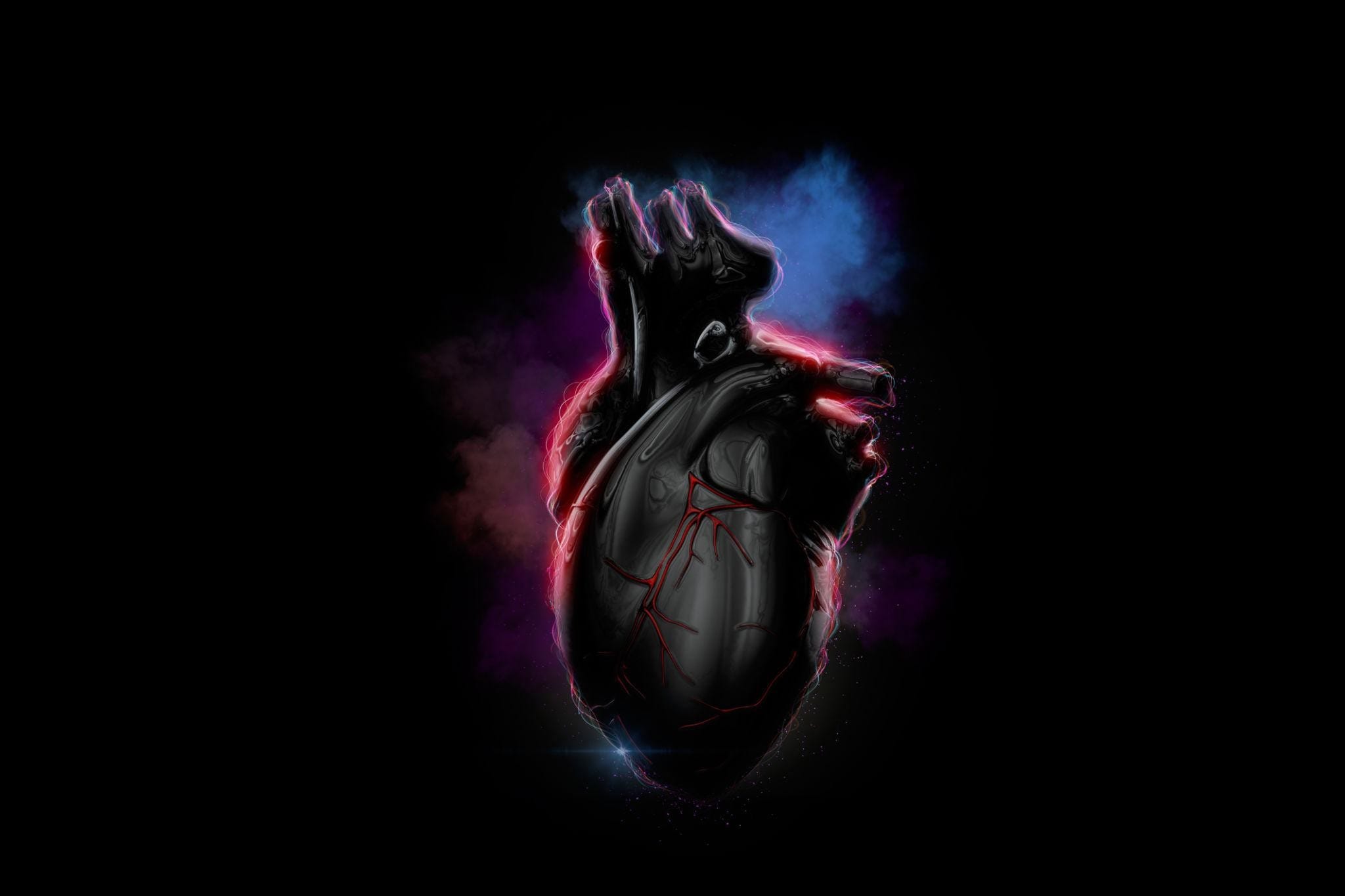 Illuminated human heart of glowing particles and smoke. 3D illustration