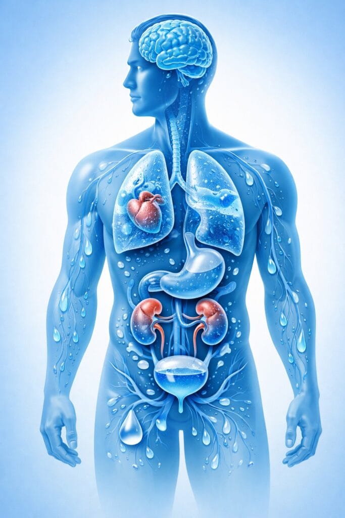 Clean modern illustration of human body showing water importance,