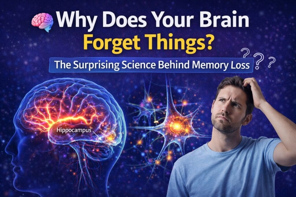 Why does your brain forget things illustration with hippocampus and glowing neurons