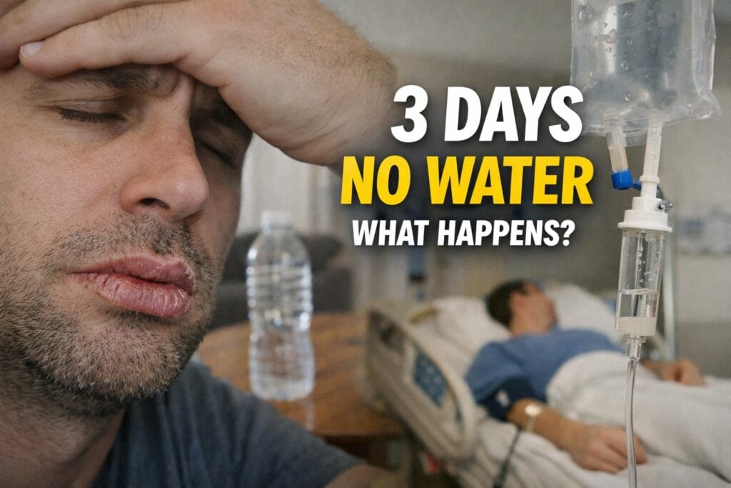 Severely dehydrated man with cracked lips and IV drip showing effects of 3 days without water