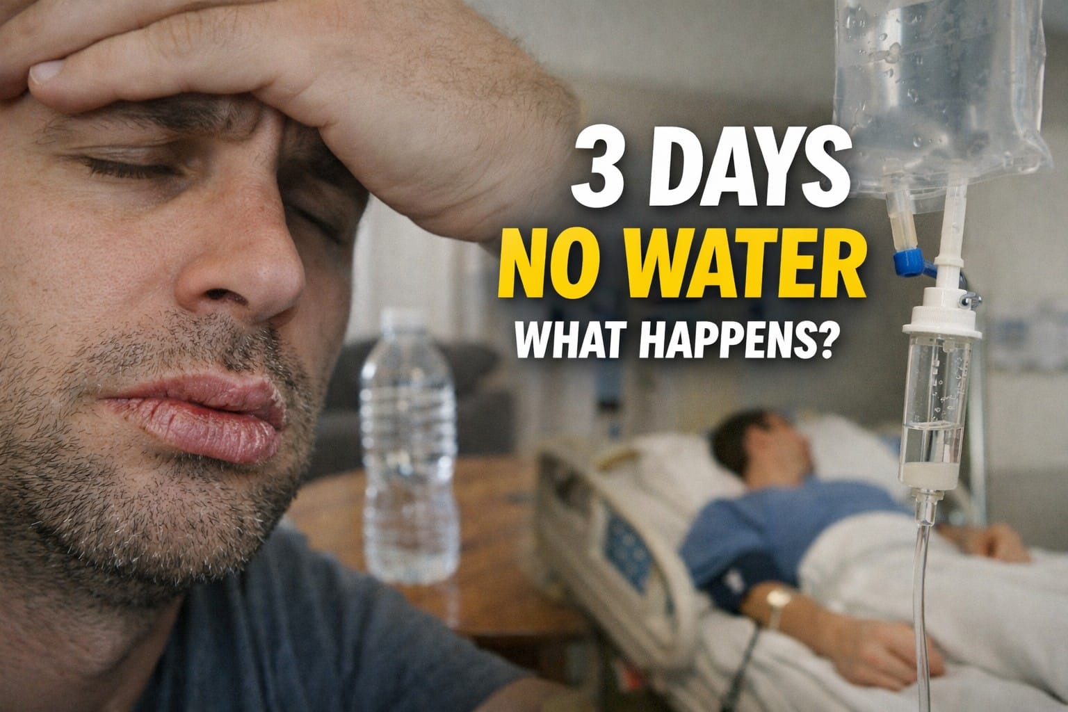 Severely dehydrated man with cracked lips and IV drip showing effects of 3 days without water