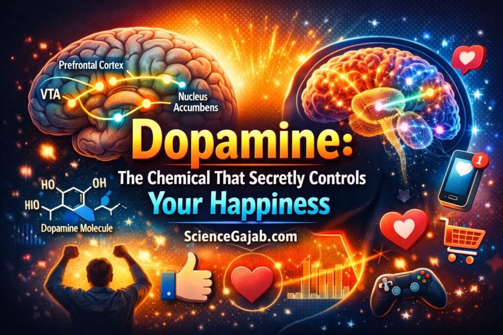 Colorful brain illustration showing dopamine reward pathway with glowing neural connections, dopamine molecule structure, and text “Dopamine: The Chemical That Secretly Controls Your Happiness” for ScienceGajab.com featured image. I prefer this response