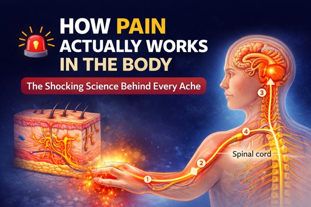 Diagram explaining how pain actually works in the body, showing nociceptors sending electrical signals through the nervous system to the brain.