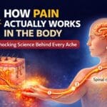 Diagram explaining how pain actually works in the body, showing nociceptors sending electrical signals through the nervous system to the brain.