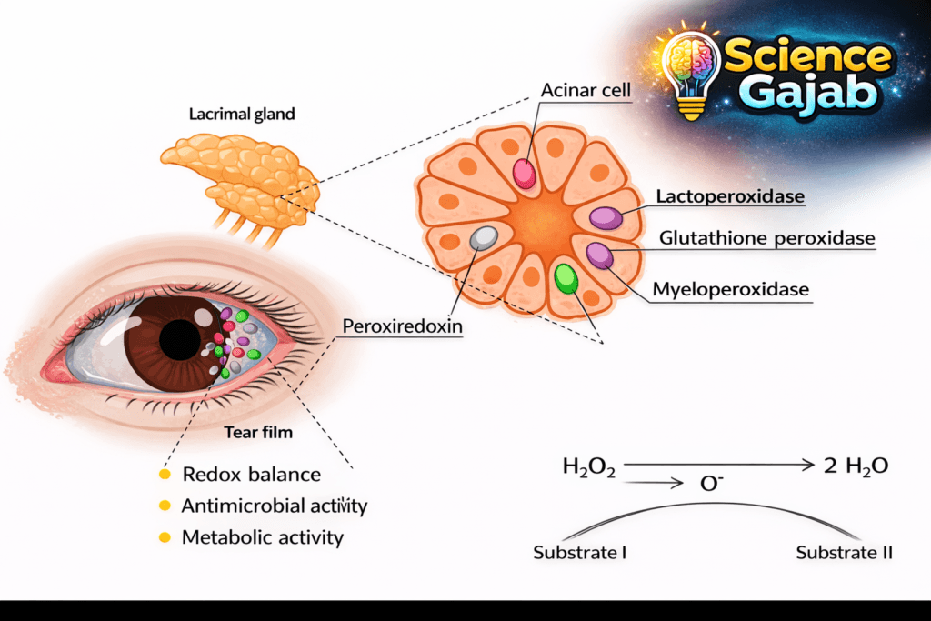 Tear film antioxidant system diagram showing lacrimal gland, acinar cells, and enzymes like lactoperoxidase and glutathione peroxidase – ScienceGajab illustration