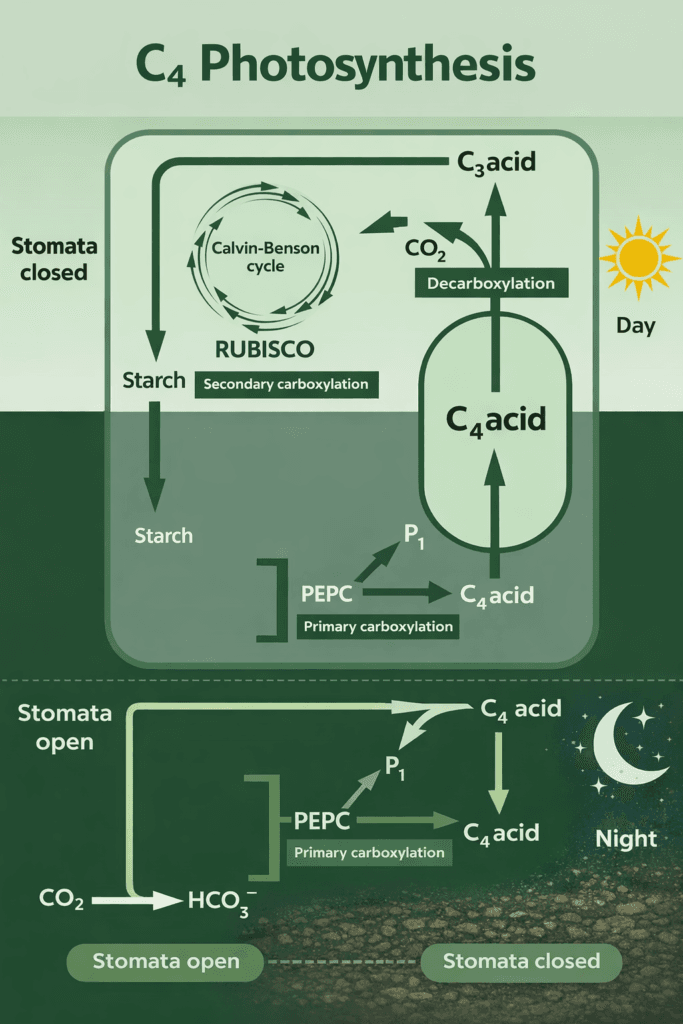 C4 photosynthesis diagram showing day and night cycle with stomata opening and closing, CO2 fixation by PEPC forming C4 acid, decarboxylation releasing CO2 for Calvin cycle via Rubisco, and conversion to C3 compounds in plants.