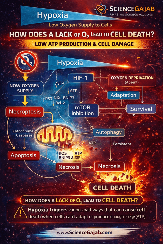 Hypoxia signaling pathway diagram showing HIF-1 mTOR inhibition autophagy apoptosis and cell death