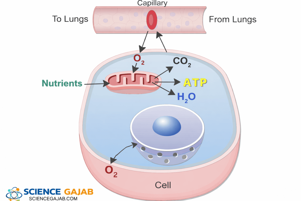 Educational diagram of cellular respiration showing a human cell and nearby capillary, illustrating oxygen (O₂) entering the cell and carbon dioxide (CO₂) leaving. Inside the cell, mitochondria use oxygen and nutrients to produce ATP (energy) and water (H₂O). Arrows depict gas exchange between blood and cell,