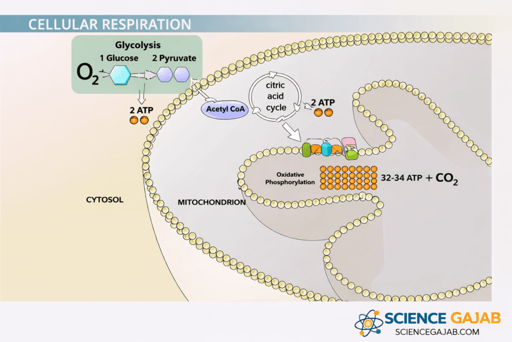 Infographic of cellular respiration showing glycolysis in the cytosol, the citric acid (Krebs) cycle inside the mitochondrion, and oxidative phosphorylation along the inner mitochondrial membrane. The diagram illustrates oxygen (O₂) use, conversion of glucose to pyruvate, formation of acetyl-CoA, ATP production (32–34 ATP), and release of carbon dioxide (CO₂),