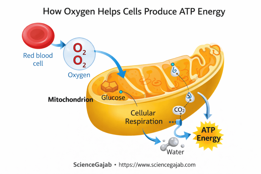 Simple diagram showing how oxygen helps cells produce ATP energy in mitochondria during cellular respiration