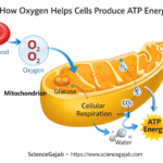 Simple diagram showing how oxygen helps cells produce ATP energy in mitochondria during cellular respiration