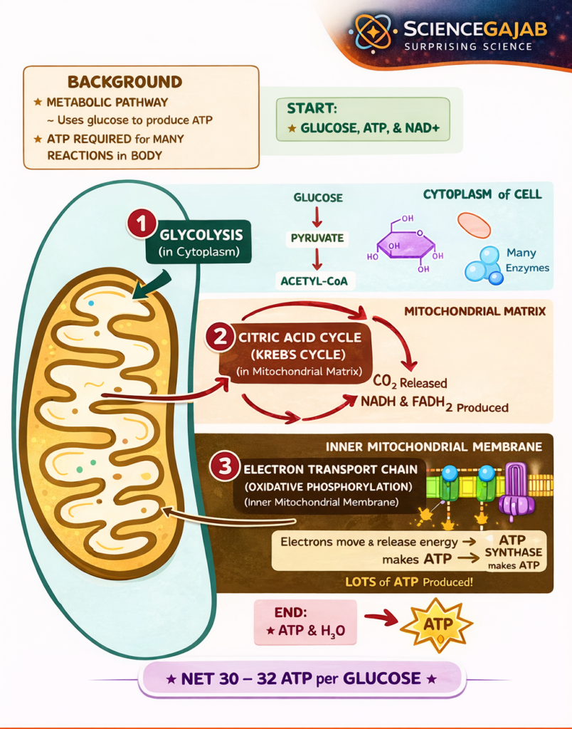 Cellular respiration diagram showing glycolysis Krebs cycle and electron transport chain with ATP production ScienceGajab