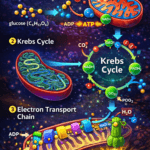 Cellular respiration step-by-step diagram showing glycolysis, Krebs cycle, and electron transport chain inside mitochondria, illustrating how glucose is converted into ATP energy with NADH, FADH2, and oxygen involvement.