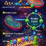 Cellular respiration step-by-step diagram showing glycolysis, Krebs cycle, and electron transport chain inside mitochondria, illustrating how glucose is converted into ATP energy with NADH, FADH2, and oxygen involvement.