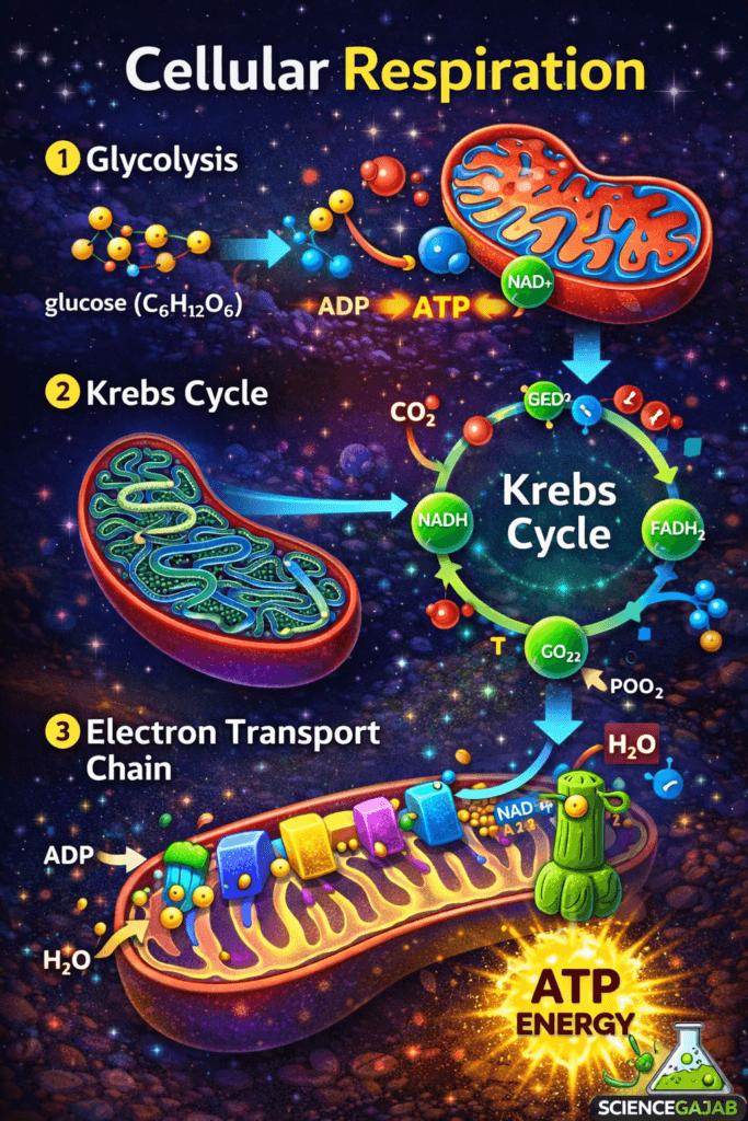 Cellular respiration step-by-step diagram showing glycolysis, Krebs cycle, and electron transport chain inside mitochondria, illustrating how glucose is converted into ATP energy with NADH, FADH2, and oxygen involvement.