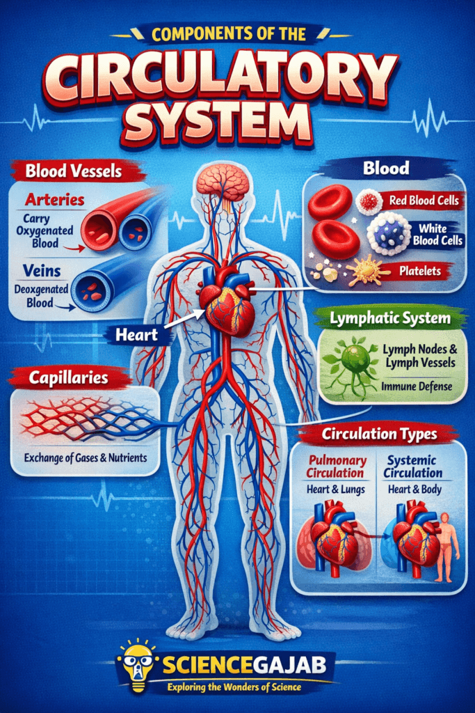 Learn the components of the human circulatory system including the heart, blood vessels, blood cells, and lymphatic system. This easy-to-understand diagram explains pulmonary and systemic circulation, oxygen transport, and how nutrients move through the body.