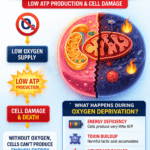 Diagram showing effects of oxygen deprivation on cells including low ATP production and cell damage